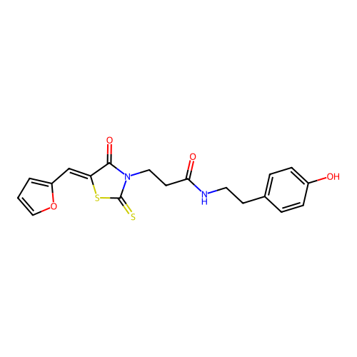 (Z)-3-(5-(furan-2-ylmethylene)-4-oxo-2-thioxothiazolidin-3-yl)-N-(4-hydroxyphenethyl)propanamide structure