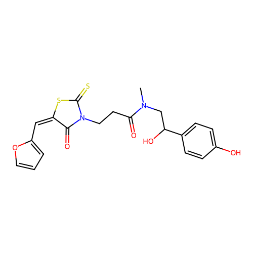 (E)-3-(5-(furan-2-ylmethylene)-4-oxo-2-thioxothiazolidin-3-yl)-N-(2-hydroxy-2-(4-hydroxyphenyl)ethyl)-N-methylpropanamide structure