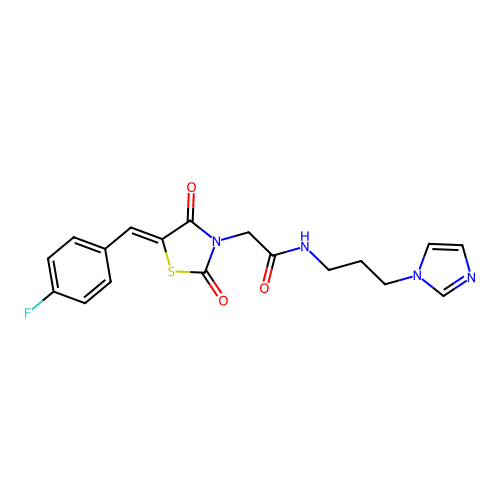 2-[(5Z)-5-(4-fluorobenzylidene)-2,4-dioxo-1,3-thiazolidin-3-yl]-N-[3-(1H-imidazol-1-yl)propyl]acetamide structure