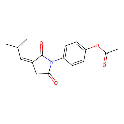 4-[(3Z)-3-(2-methylpropylidene)-2,5-dioxopyrrolidin-1-yl]phenyl acetate structure