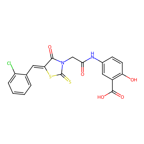 5-({[(5Z)-5-(2-chlorobenzylidene)-4-oxo-2-thioxo-1,3-thiazolidin-3-yl]acetyl}amino)-2-hydroxybenzoic acid structure