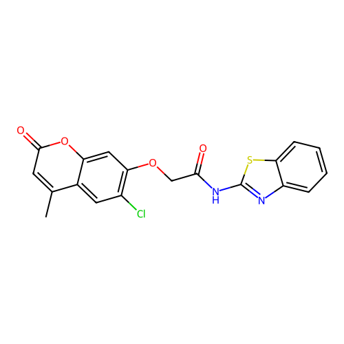 N-(1,3-benzothiazol-2-yl)-2-(6-chloro-4-methyl-2-oxochromen-7-yl)oxyacetamide structure