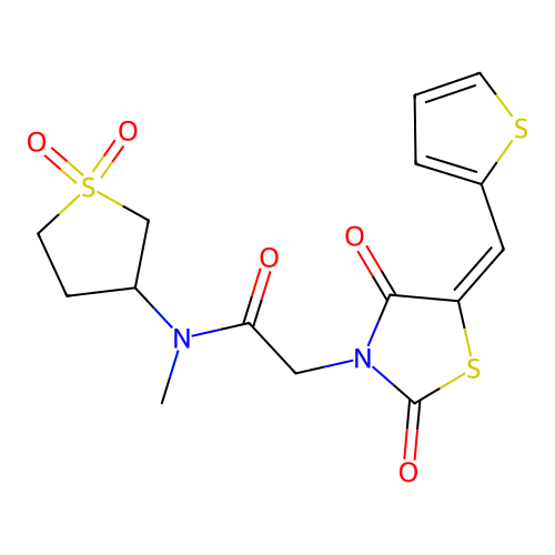 (E)-N-(1,1-dioxidotetrahydrothiophen-3-yl)-2-(2,4-dioxo-5-(thiophen-2-ylmethylene)thiazolidin-3-yl)-N-methylacetamide structure