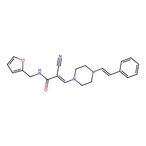(2E)-2-cyano-N-(furan-2-ylmethyl)-3-{4-[(E)-2-phenylethenyl]piperazin-1-yl}prop-2-enamide structure