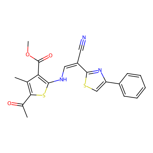 (Z)-methyl 5-acetyl-2-((2-cyano-2-(4-phenylthiazol-2-yl)vinyl)amino)-4-methylthiophene-3-carboxylate structure