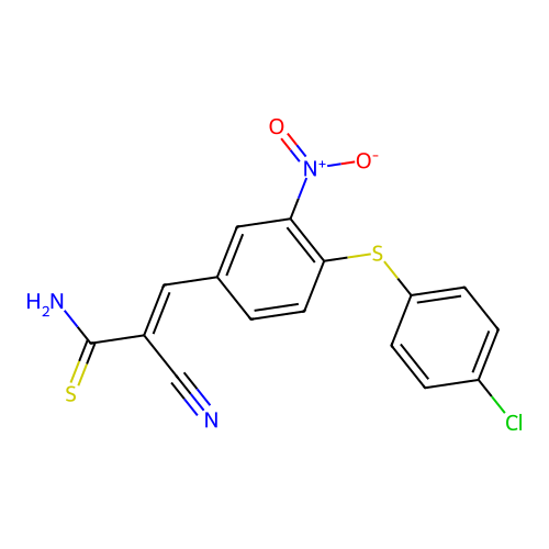 (E)-3-(4-((4-chlorophenyl)thio)-3-nitrophenyl)-2-cyanoprop-2-enethioamide structure