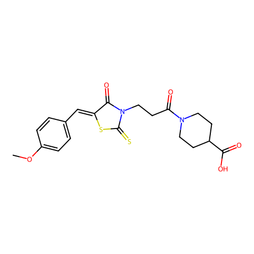 (Z)-1-(3-(5-(4-methoxybenzylidene)-4-oxo-2-thioxothiazolidin-3-yl)propanoyl)piperidine-4-carboxylic acid structure