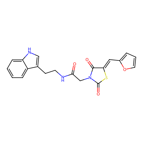 2-[(5Z)-5-(furan-2-ylmethylidene)-2,4-dioxo-1,3-thiazolidin-3-yl]-N-[2-(1H-indol-3-yl)ethyl]acetamide structure