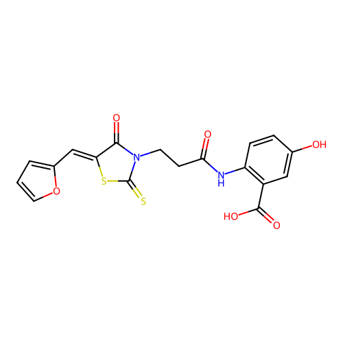 2-[3-[(5Z)-5-(furan-2-ylmethylidene)-4-oxo-2-sulfanylidene-1,3-thiazolidin-3-yl]propanoylamino]-5-hydroxybenzoic acid structure