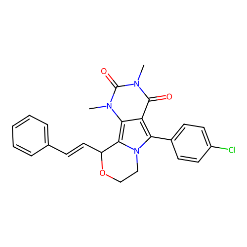 5-(4-chlorophenyl)-1,3-dimethyl-10-styryl-7,8-dihydro-1H-pyrimido[4',5':3,4]pyrrolo[2,1-c][1,4]oxazine-2,4(3H,10H)-dione structure