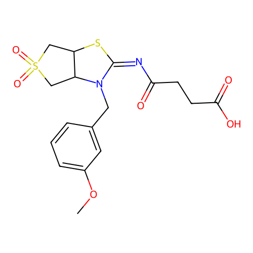 (Z)-4-((3-(3-methoxybenzyl)-5,5-dioxidotetrahydrothieno[3,4-d]thiazol-2(3H)-ylidene)amino)-4-oxobutanoic acid structure
