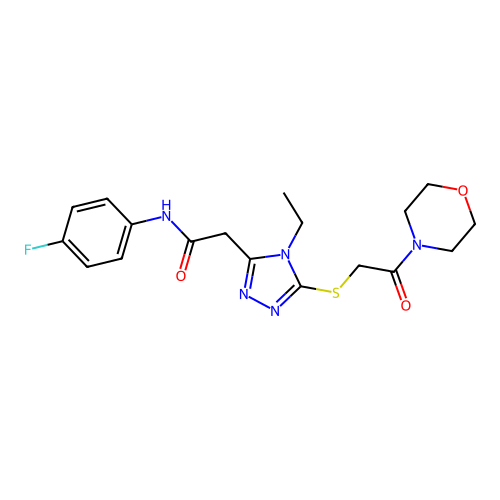 2-(4-ethyl-5-{[2-(morpholin-4-yl)-2-oxoethyl]sulfanyl}-4H-1,2,4-triazol-3-yl)-N-(4-fluorophenyl)acetamide structure