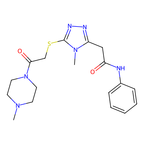 2-(4-methyl-5-{[2-(4-methylpiperazin-1-yl)-2-oxoethyl]sulfanyl}-4H-1,2,4-triazol-3-yl)-N-phenylacetamide structure