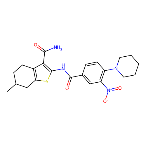 6-methyl-2-({[3-nitro-4-(piperidin-1-yl)phenyl]carbonyl}amino)-4,5,6,7-tetrahydro-1-benzothiophene-3-carboxamide structure