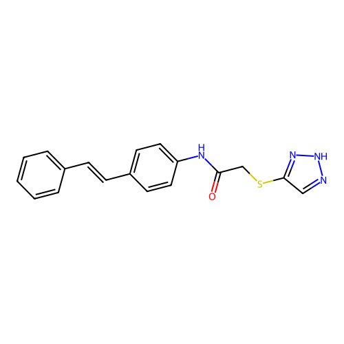 N-[4-[(E)-2-phenylethenyl]phenyl]-2-(2H-triazol-4-ylsulfanyl)acetamide structure