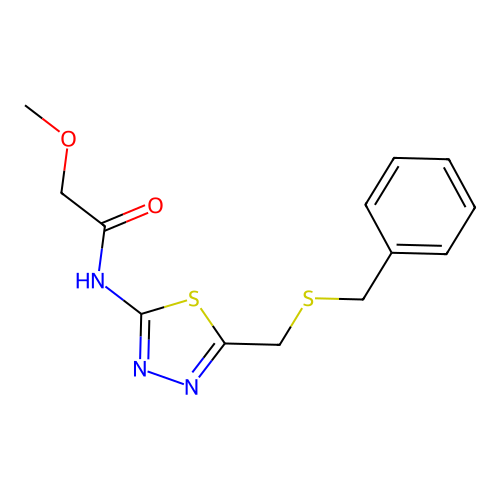 N-[5-(benzylsulfanylmethyl)-1,3,4-thiadiazol-2-yl]-2-methoxyacetamide structure