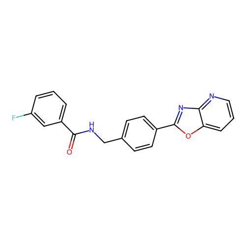 3-fluoro-N-[[4-([1,3]oxazolo[4,5-b]pyridin-2-yl)phenyl]methyl]benzamide structure