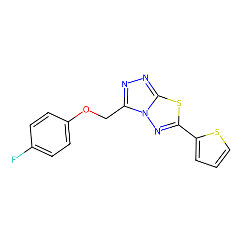3-[(4-fluorophenoxy)methyl]-6-thiophen-2-yl-[1,2,4]triazolo[3,4-b][1,3,4]thiadiazole structure