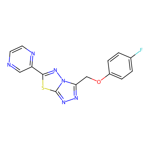 3-[(4-fluorophenoxy)methyl]-6-pyrazin-2-yl-[1,2,4]triazolo[3,4-b][1,3,4]thiadiazole structure
