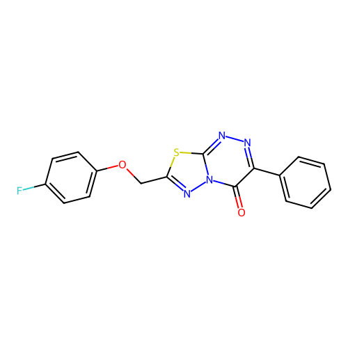 7-[(4-fluorophenoxy)methyl]-3-phenyl-4H-[1,3,4]thiadiazolo[2,3-c][1,2,4]triazin-4-one structure