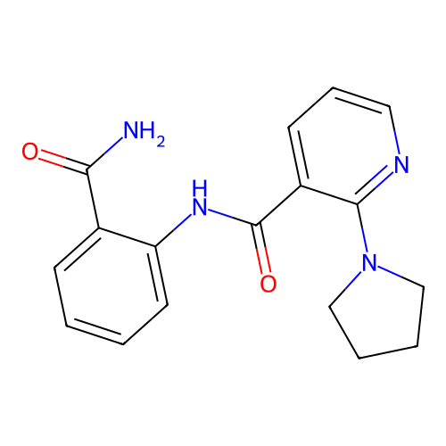 N-(2-carbamoylphenyl)-2-pyrrolidin-1-ylpyridine-3-carboxamide structure