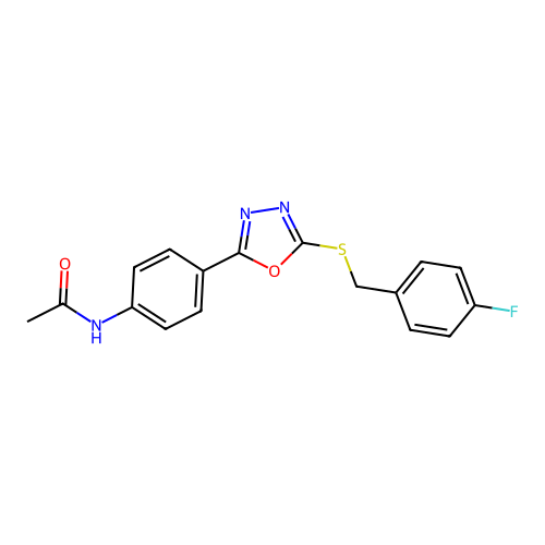 N-(4-{5-[(4-fluorobenzyl)sulfanyl]-1,3,4-oxadiazol-2-yl}phenyl)acetamide structure