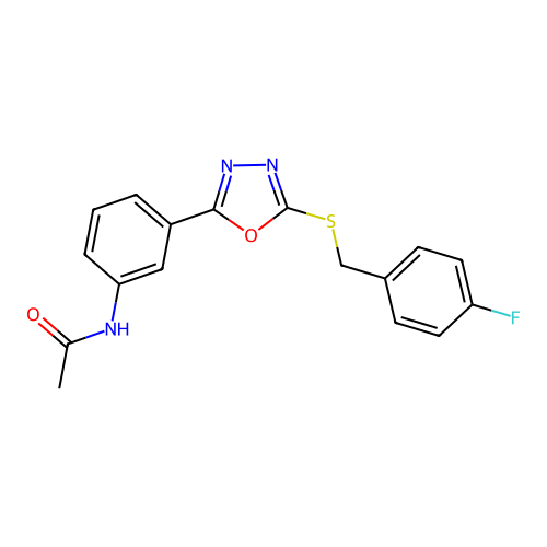 N-(3-{5-[(4-fluorobenzyl)sulfanyl]-1,3,4-oxadiazol-2-yl}phenyl)acetamide structure