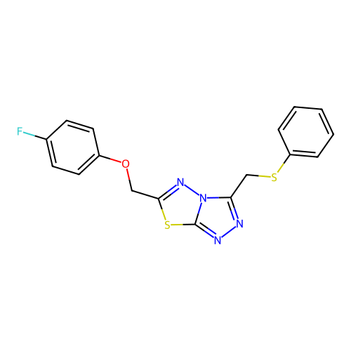 6-[(4-fluorophenoxy)methyl]-3-[(phenylsulfanyl)methyl][1,2,4]triazolo[3,4-b][1,3,4]thiadiazole structure
