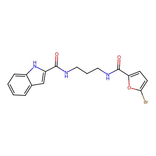N-(3-(5-bromofuran-2-carboxamido)propyl)-1H-indole-2-carboxamide structure