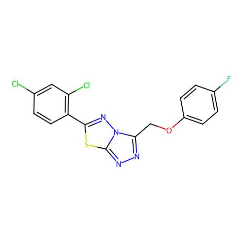 6-(2,4-dichlorophenyl)-3-[(4-fluorophenoxy)methyl][1,2,4]triazolo[3,4-b][1,3,4]thiadiazole structure