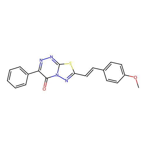 (E)-7-(4-methoxystyryl)-3-phenyl-4H-[1,3,4]thiadiazolo[2,3-c][1,2,4]triazin-4-one structure