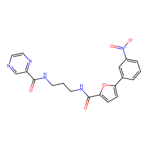 N-(3-(5-(3-nitrophenyl)furan-2-carboxamido)propyl)pyrazine-2-carboxamide structure