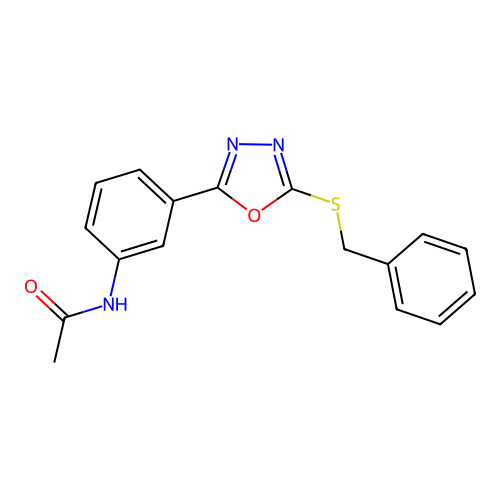N-[3-(5-benzylsulfanyl-1,3,4-oxadiazol-2-yl)phenyl]acetamide structure