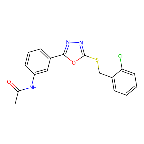 N-(3-{5-[(2-chlorobenzyl)sulfanyl]-1,3,4-oxadiazol-2-yl}phenyl)acetamide structure
