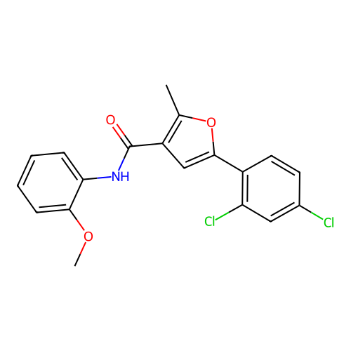 5-(2,4-dichlorophenyl)-N-(2-methoxyphenyl)-2-methylfuran-3-carboxamide structure