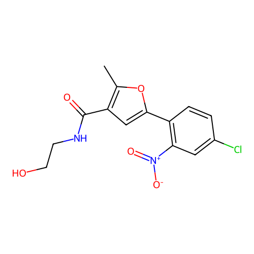 5-(4-chloro-2-nitrophenyl)-N-(2-hydroxyethyl)-2-methylfuran-3-carboxamide structure