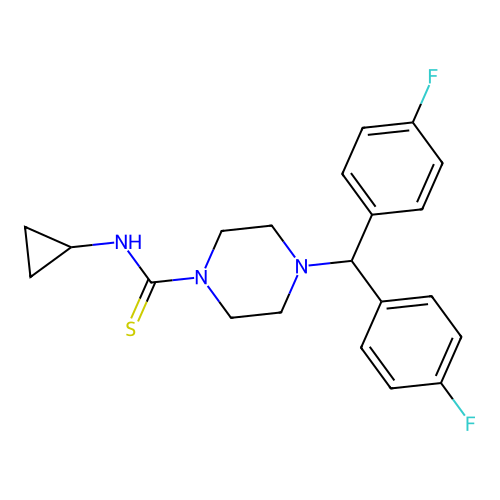 4-[bis(4-fluorophenyl)methyl]-N-cyclopropylpiperazine-1-carbothioamide structure