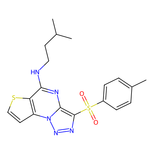 N-isopentyl-3-tosylthieno[2,3-e][1,2,3]triazolo[1,5-a]pyrimidin-5-amine structure