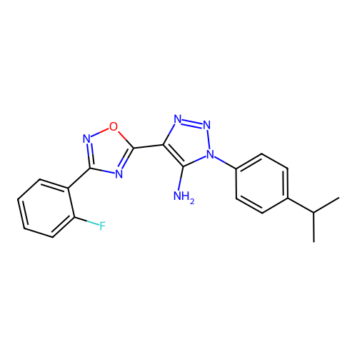 4-[3-(2-fluorophenyl)-1,2,4-oxadiazol-5-yl]-1-[4-(propan-2-yl)phenyl]-1H-1,2,3-triazol-5-amine structure