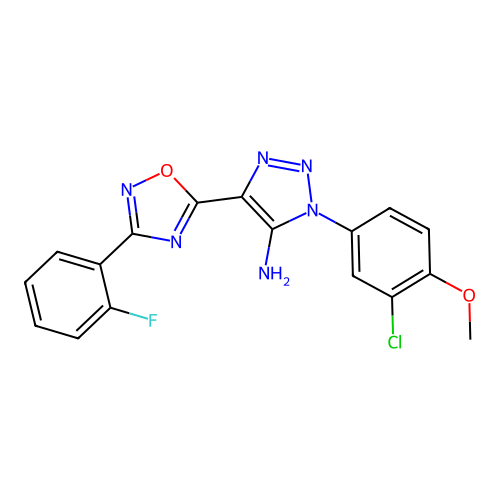 1-(3-chloro-4-methoxyphenyl)-4-[3-(2-fluorophenyl)-1,2,4-oxadiazol-5-yl]-1H-1,2,3-triazol-5-amine structure