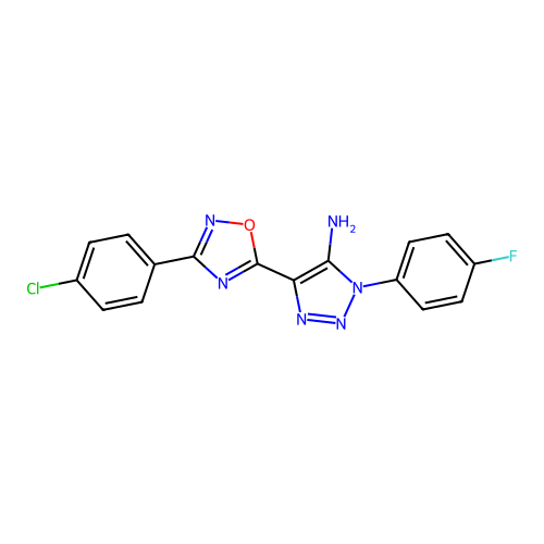 4-[3-(4-chlorophenyl)-1,2,4-oxadiazol-5-yl]-1-(4-fluorophenyl)-1H-1,2,3-triazol-5-amine structure