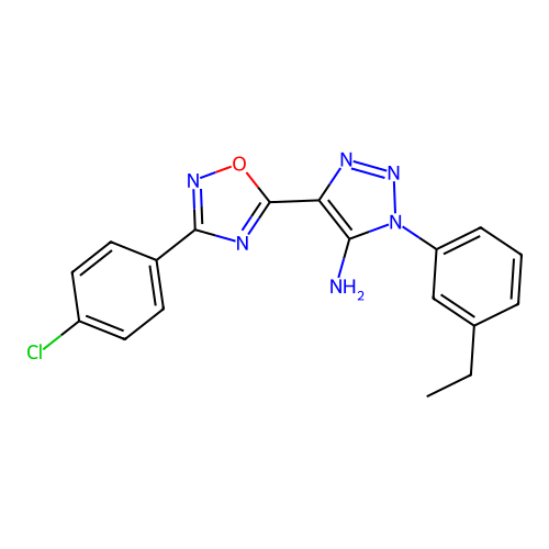 4-[3-(4-chlorophenyl)-1,2,4-oxadiazol-5-yl]-1-(3-ethylphenyl)-1H-1,2,3-triazol-5-amine structure