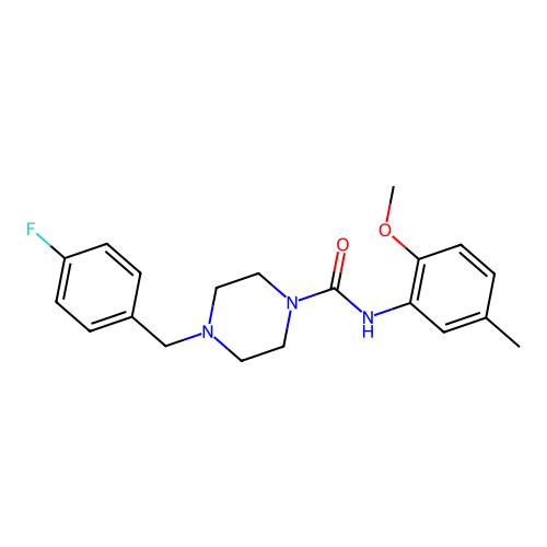 4-[(4-fluorophenyl)methyl]-N-(2-methoxy-5-methylphenyl)piperazine-1-carboxamide structure