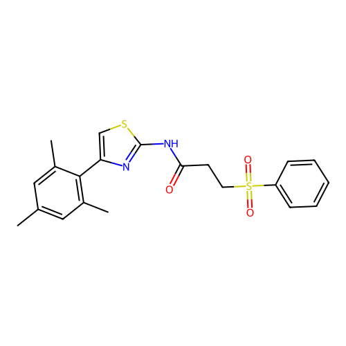 3-(benzenesulfonyl)-N-[4-(2,4,6-trimethylphenyl)-1,3-thiazol-2-yl]propanamide structure