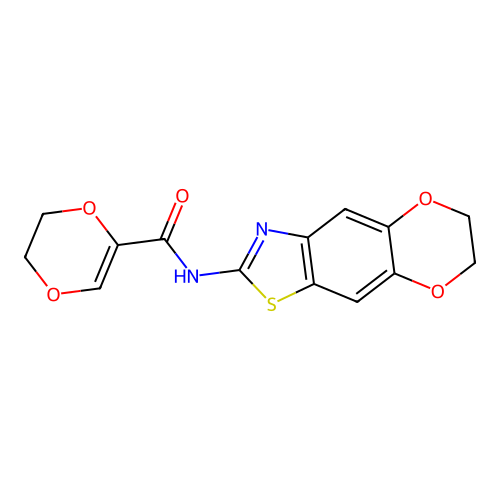 N-{10,13-dioxa-4-thia-6-azatricyclo[7.4.0.0^{3,7}]trideca-1,3(7),5,8-tetraen-5-yl}-5,6-dihydro-1,4-dioxine-2-carboxamide structure