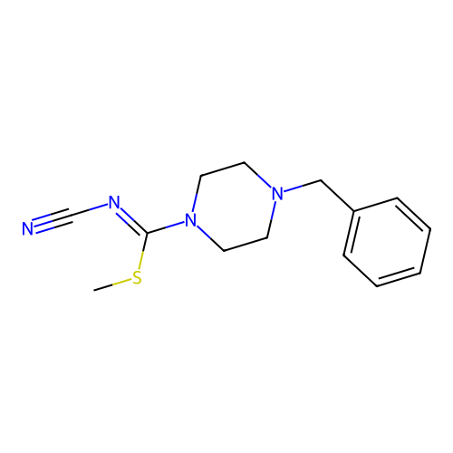 methyl 4-benzyl-N-cyanopiperazine-1-carbimidothioate structure