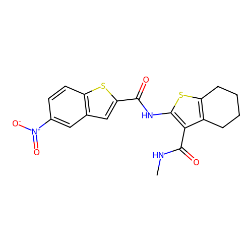N-[3-(methylcarbamoyl)-4,5,6,7-tetrahydro-1-benzothiophen-2-yl]-5-nitro-1-benzothiophene-2-carboxamide structure