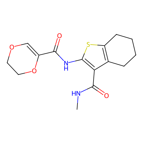 N-(3-(methylcarbamoyl)-4,5,6,7-tetrahydrobenzo[b]thiophen-2-yl)-5,6-dihydro-1,4-dioxine-2-carboxamide structure