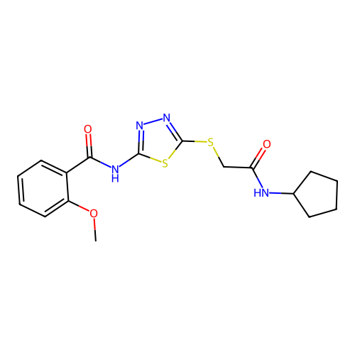 N-(5-{[(cyclopentylcarbamoyl)methyl]sulfanyl}-1,3,4-thiadiazol-2-yl)-2-methoxybenzamide structure