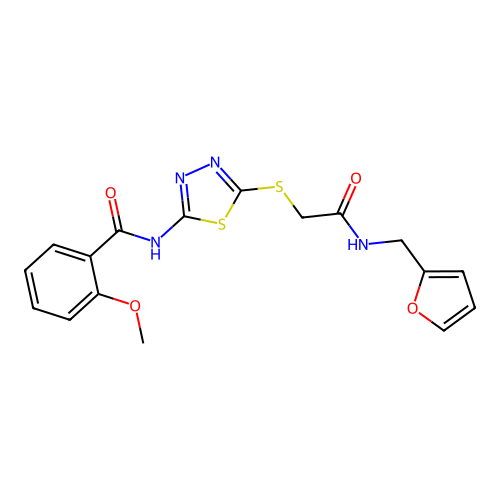 N-[5-[2-(furan-2-ylmethylamino)-2-oxoethyl]sulfanyl-1,3,4-thiadiazol-2-yl]-2-methoxybenzamide structure